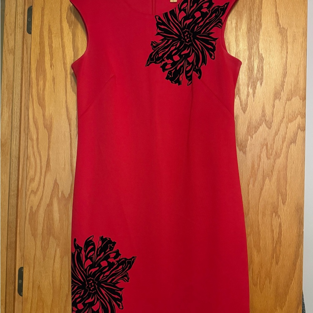 Calvin Klein Red Dress with Black Floral Design, stunning